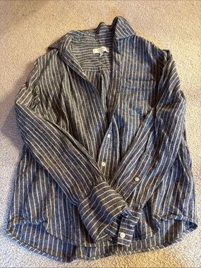 Linen Striped Button-Up Shirt - Navy/White